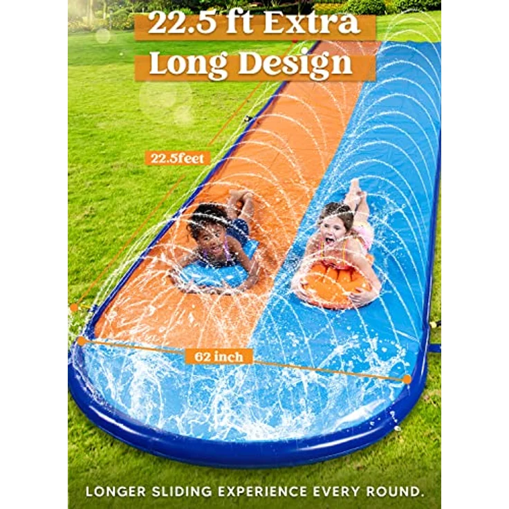 Sloosh Doppelte Rasen-Wasserrutsche 22,5ft x 62in mit Sprinkler und 2 aufblasbaren Boards, ideal für Garten und Sommerpartys, hochwertige rutschfeste Oberfläche – Bild 2