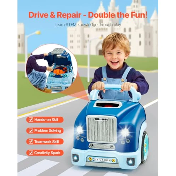 VEVOR Motorspielzeug D001-4, 60-teiliges Autoreparaturset für Kinder mit abnehmbaren Teilen, Lichtern, Geräuschen, Lenkrad und Hupe, Blau – Bild 2
