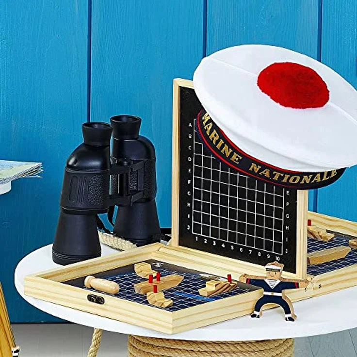 Vilac Bataille navale - Marine nationale, Brettspiel mit wiederbeschreibbarer Schiefertafel und Jutesäckchen, zusammenklappbare Holzbox – Bild 4