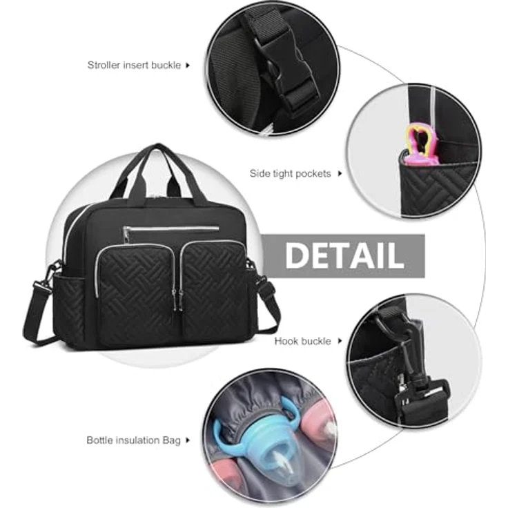 KONO Wickeltasche Windeltasche für Kinderwagen, große wasserdichte Reisetasche mit isolierten Fächern und Wickelauflage, leicht, Schwarz (37x37x14,5 cm) – Bild 5