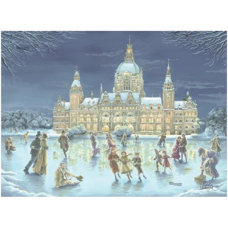 Pappnoptikum Adventskalender Eislaufen Maschsee Hannover, winterliches Motiv 38x27 cm aus Papier