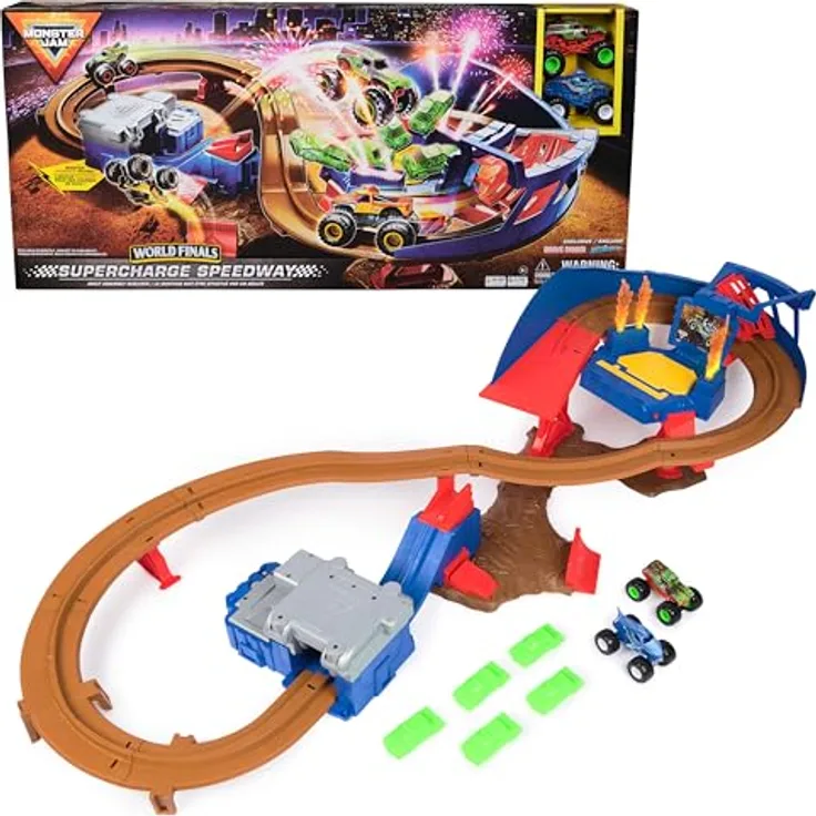 Monster Jam Supercharge Speedway, motorisierte Stunt-Strecke mit Rampen und Beleuchtung, inkl. 2 Trucks Megalodon und EL Toro Loco im Maßstab 1:64, für Kinder ab 3 Jahren