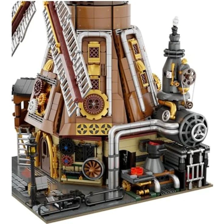 Pantasy Steampunk Windmill Workshop, Klemmbausteine-Modell mit 2400 Teilen, 3 Fantasy-Minifiguren und funktionierendem Dampfschornstein – Bild 2