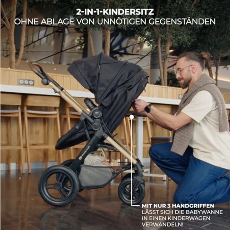 Kinderkraft MOOV 2 XL AIR, 3-in-1 Kinderwagenset bis 27 kg, mit I-Size Kindersitz 40-75 cm, große aufblasbare Räder, veränderbarer 2-in-1-Sitz, XL Babywanne, grau – Bild 3