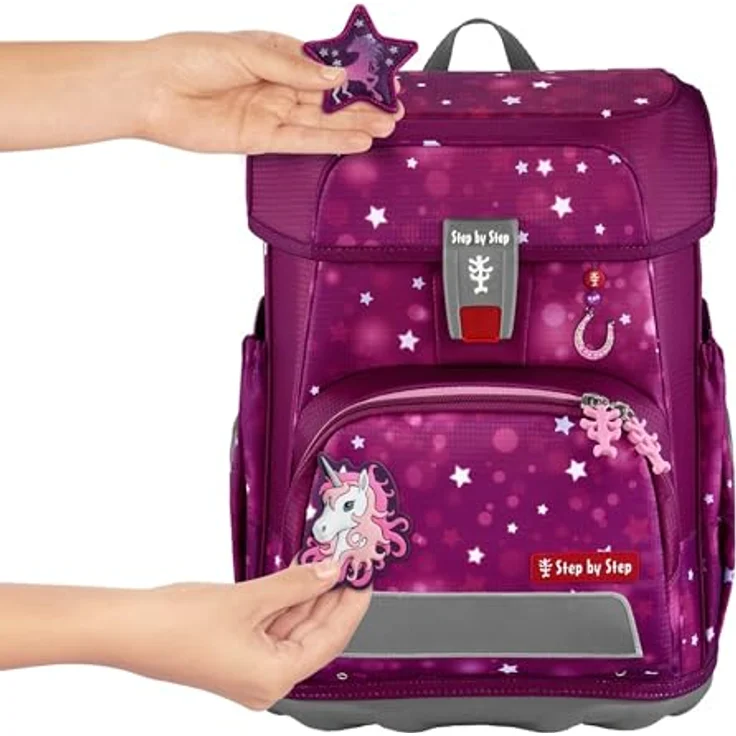 Step by Step Schulranzen-Set Cloud „Sweet Unicorn Nuala“, 5-teilig, ergonomischer Tornister in Beere-rosa mit Einhorn-Design, höhenverstellbar, inkl. Reflektoren und Hüftgurt für Mädchen, 19L – Bild 3