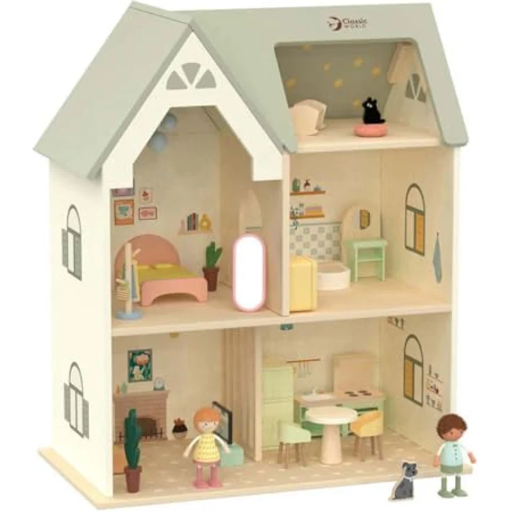 Classic World Holz Puppenhaus mit Möbeln und Accessoires, hochwertige Verarbeitung und durchdachtes Design – Bild 3