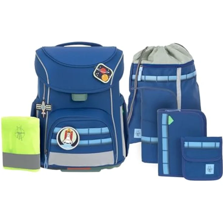 LÄSSIG Unique School Set Slim, 7-teiliges Schulranzen-Set mit Regenhülle und Reflektoren, Dunkelblau – Bild 1