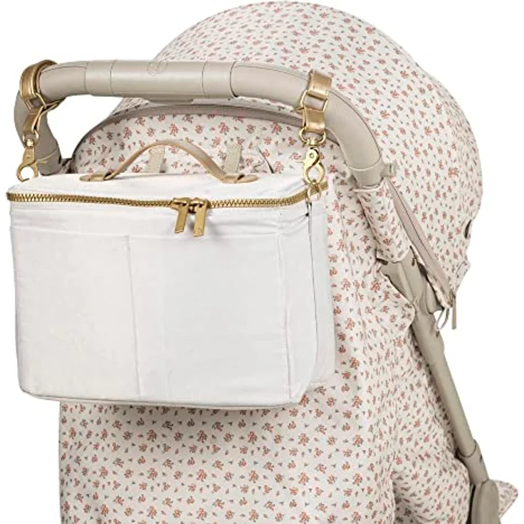 Elodie Kinderwagen Organizer Cream White Gold, Wickeltasche mit Reißverschluss, 4 Fächer und 2 Außentaschen – Bild 3