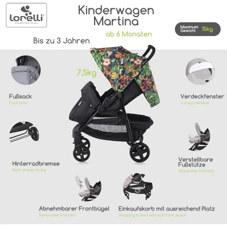 Lorelli Kinderwagen Martina, Leichter Reisebuggy, kompakter Sportsitz bis 15kg, Gummireifen, inkl. Fußsack, bunt – Bild 2