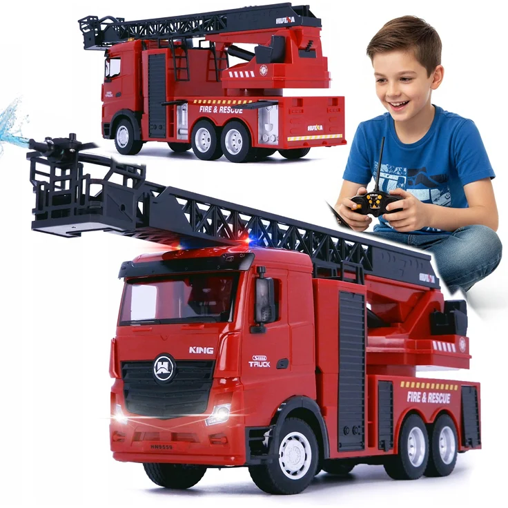 COIL RC Feuerwehr Leiterwagen 1:18, Ferngesteuertes Feuerwehrauto mit Wasserspritze, LED Licht, 2.4GHz, Akku, USB, Rot