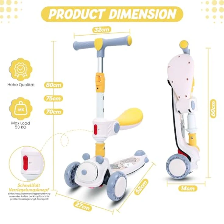 Habib Gruppe Kinderroller Tretroller 3-in-1 Faltbar mit Sitz, LED-Rädern, Verstellbar & Leicht für Kinder (1-12 Jahre) - Grau – Bild 3