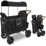 WONDERFOLD W2 Luxe Double Stroller Wagon, Volcanic Black - 2 High Face-to-Face Seats, Magnetic Buckle, 5-Point Harnesses, Adjustable/Removable UV-Protection Canopy