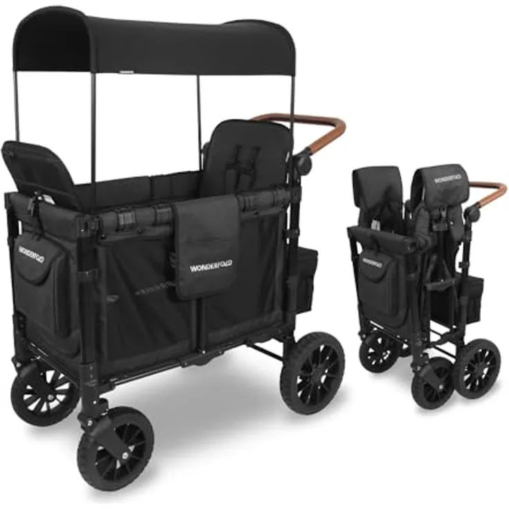 WONDERFOLD W2 Luxe Double Stroller Wagon, Volcanic Black - 2 High Face-to-Face Seats, Magnetic Buckle, 5-Point Harnesses, Adjustable/Removable UV-Protection Canopy