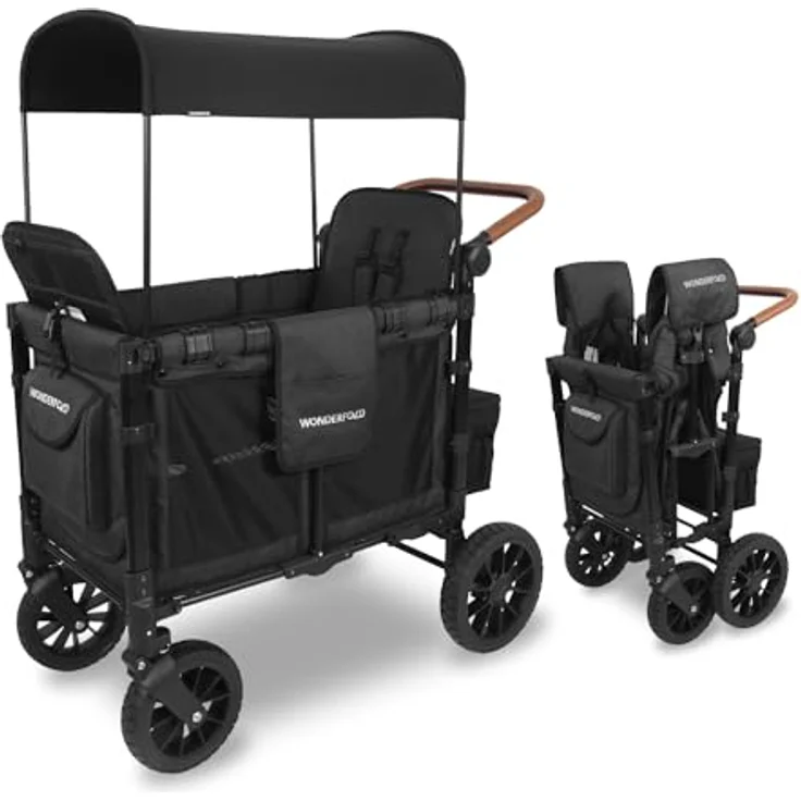 WONDERFOLD W2 Luxe Double Stroller Wagon, Volcanic Black - 2 High Face-to-Face Seats, Magnetic Buckle, 5-Point Harnesses, Adjustable/Removable UV-Protection Canopy – Bild 1