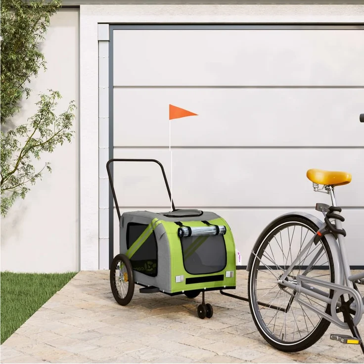 vidaXL Fahrradhundeanhänger Fahrradanhänger Hunde Grün und Grau Oxford-Gewebe und Eisen, mit PVC-Dach und belastbarer Platte – Bild 1