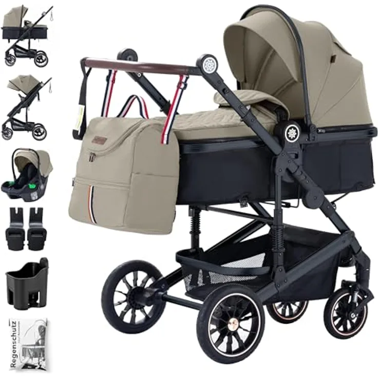 Daliya® NEOMOVE 3in1 Kinderwagen, Buggy & i-Size Babyschale | Alu-Rahmen | Reisekinderwagen & Sportwagen | Großer Einkaufskorb | Stadt & Gelände (Schwarz-Beige)