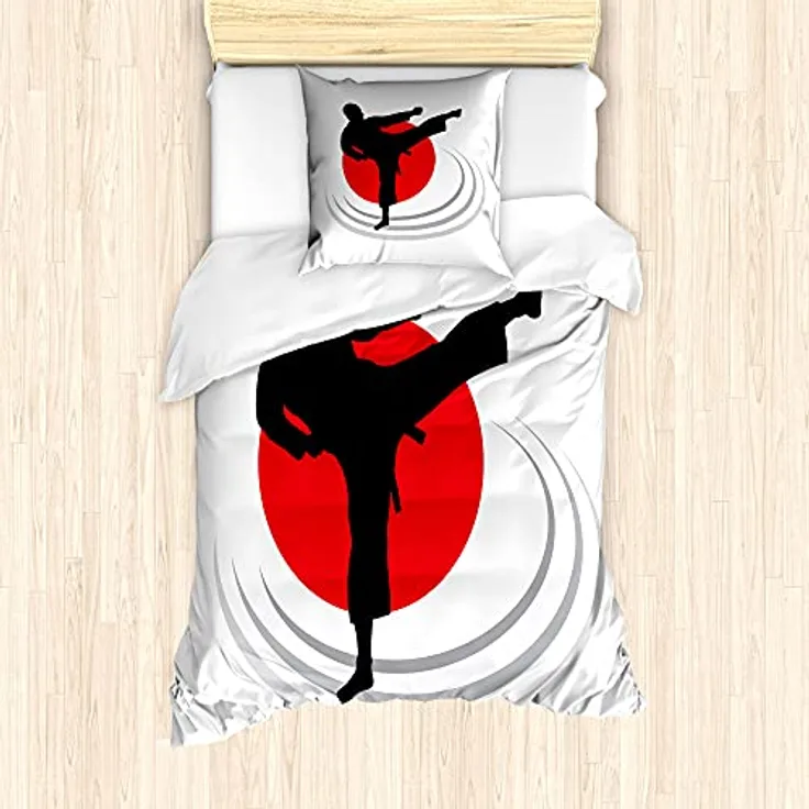 ABAKUHAUS Kung Fu Bettbezug Set für Einzelbetten, Man Karate Kick Silhouette, Milbensicher Allergiker geeignet mit Kissenbezug, 135 cm x 200 cm - 80 x 80 cm, schwarz Vermilion