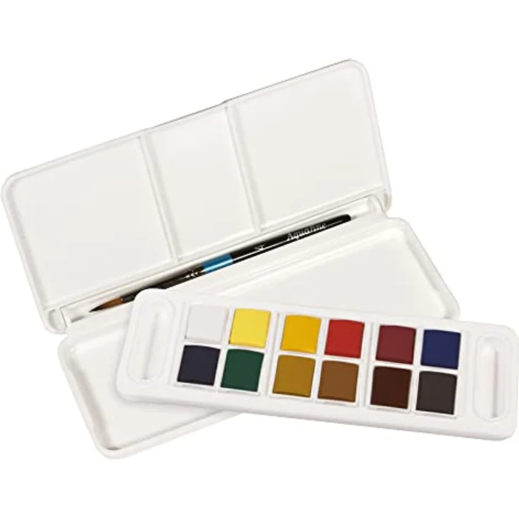 Daler Rowney Aquafine Watercolour Travel Set, 12 Farben im halben Näpfchen + 1 Aquafine Watercolour Pinsel, hochwertige Pigmente, hergestellt in Großbritannien – Bild 1