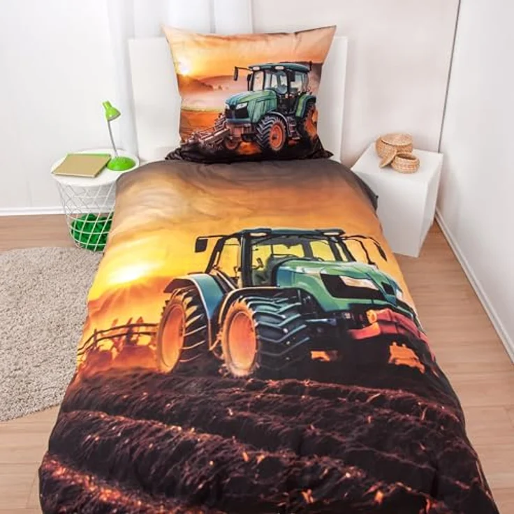 Herding Young Collection Bettwäsche Traktor, 100% Baumwolle/Renforcé, Kissenbezug 80x80 cm, Bettbezug 135x200 cm, Markenreißverschluss, robust & hochwertig – Bild 3