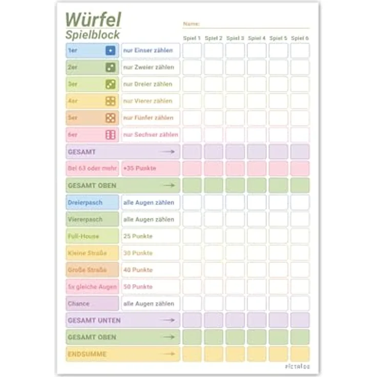 PICTALOO Würfelspiel Block DIN A5, bunter Spielblock mit extra großen Feldern, ideal für Senioren und Kinder, 50 Blatt für 300 Spiele