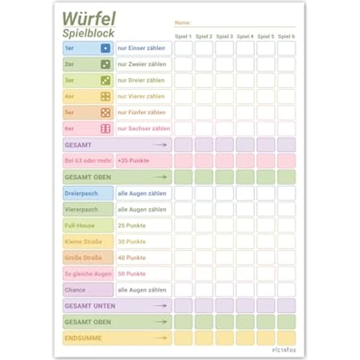 PICTALOO Würfelspiel Block DIN A5, bunter Spielblock mit extra großen Feldern, ideal für Senioren und Kinder, 50 Blatt für 300 Spiele – Bild 1