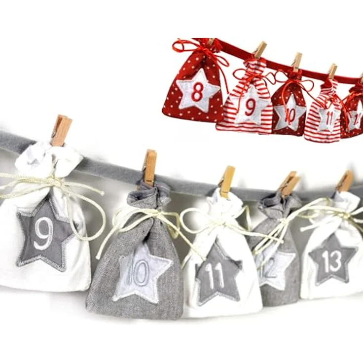 Frau WUNDERVoll® Adventskalender zum Befüllen - Stoff, grau weiß/Weihnachtskalender Zahlen Beutel Sack Säcke Säckchen Stoffbeutel Baumwolle Baumwollsäckchen Geschenkbeutel Stoffsack Stoffsäckchen - Wiederverwendbarer Stoff-Adventskalender mit aufgestickten Sternen und Zahlen, ideal für Kleinigkeiten – Bild 1