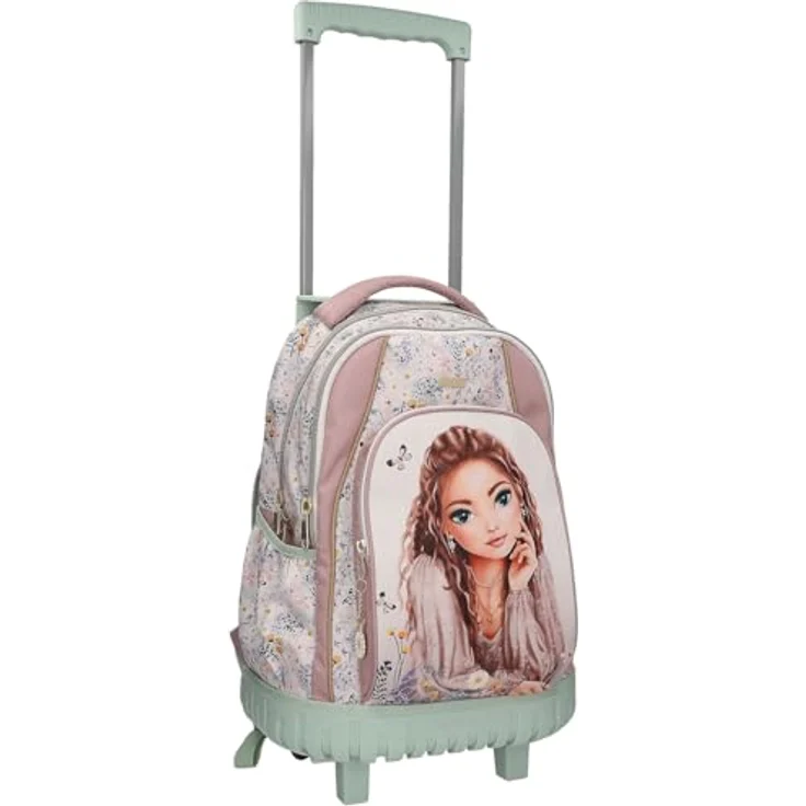 Depesche 13305 TOPModel Summer Feeling, Schulrucksack Trolley in Rosa und Salbeigrün, mit Model Motiv und Blumen Muster, 3 Fächer, Teleskopgriff und Rollen – Bild 5
