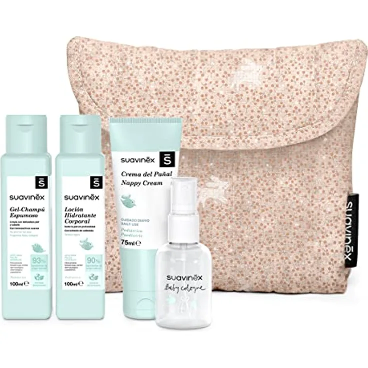 Suavinex Kulturbeutel für Babys, Geschenkset für Neugeborene mit Shampoo 100 ml, Feuchtigkeitslotion 100 ml, Windelcreme 75 ml, Baby Cologne 50 ml, Reiseformat, Koralle