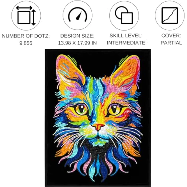 Diamond Dotz Kreativset Diamond Painting Neon Katze, hochwertige Strasssteine mit 13-Facettenschliff und Neonfarben auf schwarz beflocktem Hintergrund – Bild 7