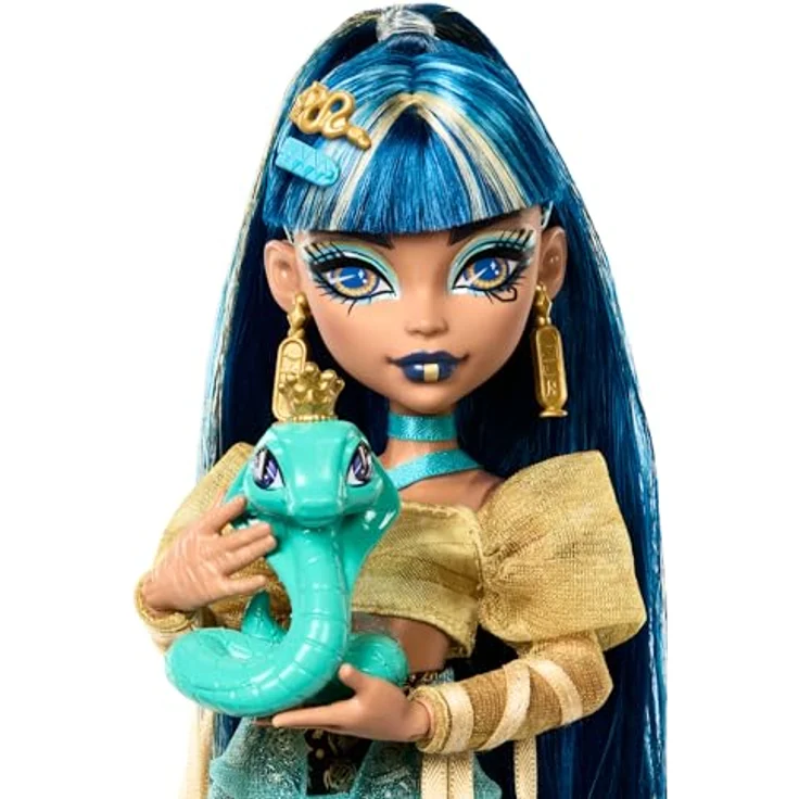Monster High Cleo De Nile Puppe in Goldener Bluse und mehrlagigem Rock, Haustier-Kobra Hissette und Zubehör, HXH74 – Bild 3