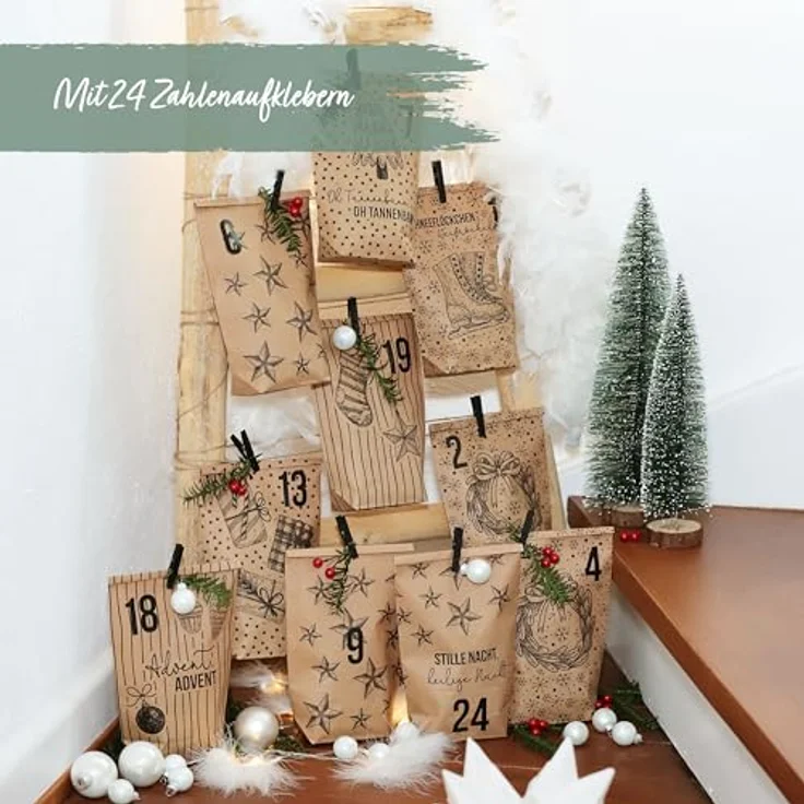 PAPIERDRACHEN Extravaganter Adventskalender zum Befüllen - mit 24 braunen Geschenktüten und 24 Zahlenaufklebern - Motiv Christmas - zum Basteln und Verschenken - Weihnachten & Advent – Bild 3