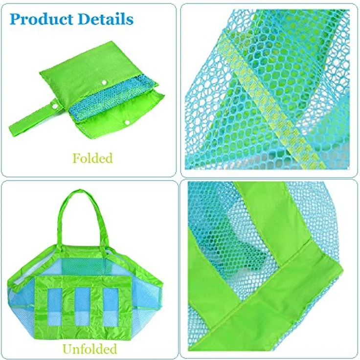 COOLGOEU Strandtasche Strandspielzeug Tasche XXL Groß für Sandspielzeug Wasserspielzeug für Kinder Aufräumsack Spielsack Badetasche Beachbag Faltbar für Familie Urlaub (Blau Mesh/Grün Strap) – Bild 6