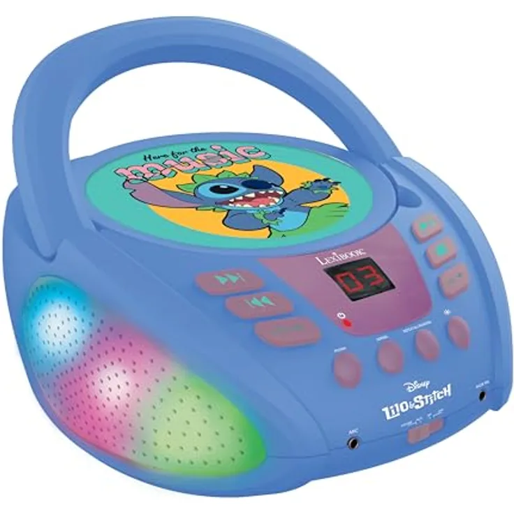 Lexibook Disney Stitch RCD109D, tragbarer Bluetooth CD-Player mit mehrfarbigen Lichteffekten, Mikrofonanschluss und Aux-Eingang, blau