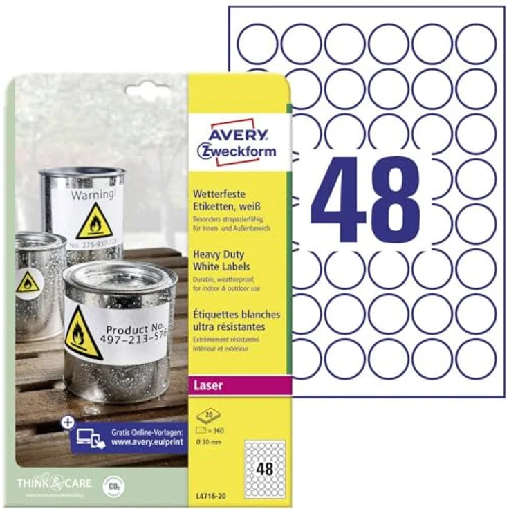AVERY Zweckform L4716-20 Wetterfeste Folienetiketten, 960 Klebeetiketten, Ø30mm auf A4, extrem stark selbstklebend, wasserfest, strapazierfähig, bedruckbare Outdoor Klebefolie, 20 Blatt, weiß – Bild 1