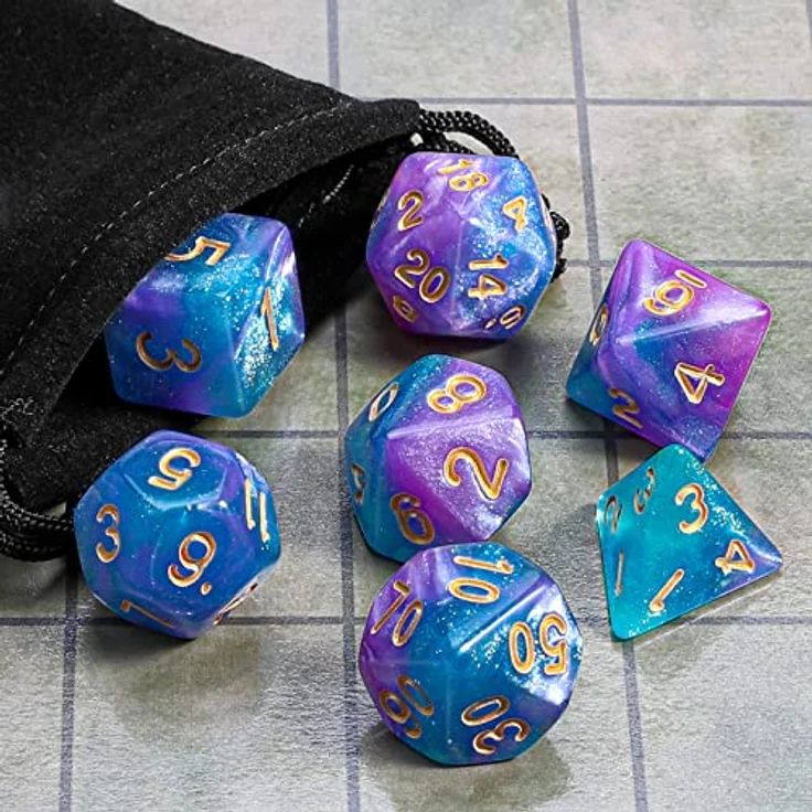 QMAY DND Dice Polyedrisches Würfel Set, 7 Stück in Lake Blue Mix Violett mit Glitter, ideal für Dungeon und Dragons MTG RPG D&D (D20, D12, D10, D%, D8, D6, D4) – Bild 5