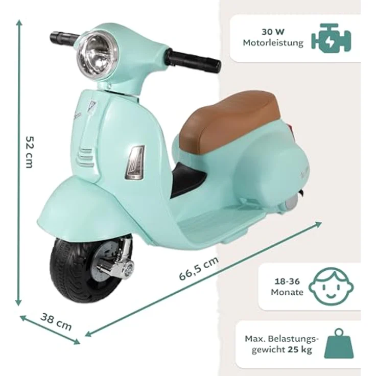Lemodo Elektro-Kinderroller VESPA mit abnehmbaren Stützrädern, Elektromotorrad in mint oder rot – Bild 6
