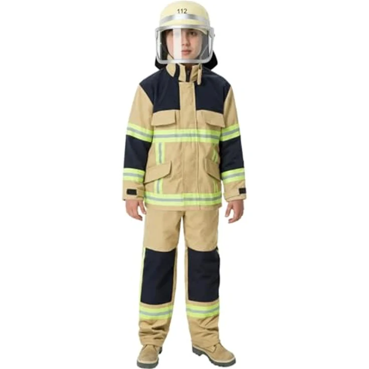 Maskworld Realistisches sandfarbenes Feuerwehrmann-Kostüm für Kinder, 2-teilig mit Jacke und Hose, Größe 104, Verkleidung Karneval und Halloween – Bild 3