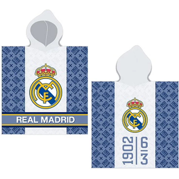 BERONAGE Kinder Kapuzenhandtuch Real Madrid Bade-Poncho 60x120 cm, Fußball Bademantel, 100% Baumwolle, Frottee in Velours-Qualität