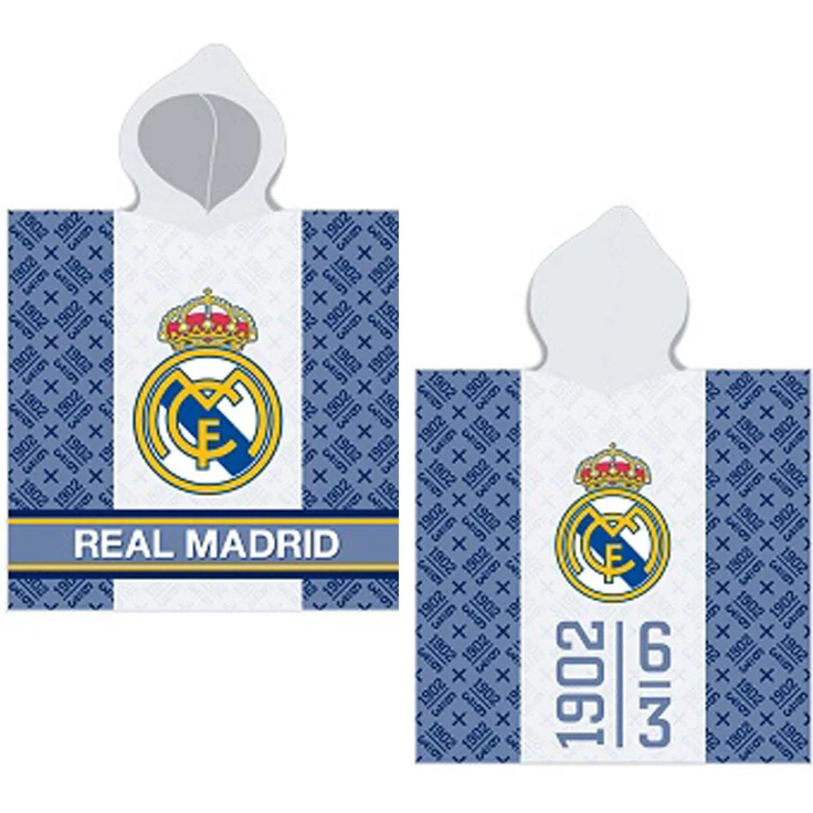 BERONAGE Kinder Kapuzenhandtuch Real Madrid Bade-Poncho 60x120 cm, Fußball Bademantel, 100% Baumwolle, Frottee in Velours-Qualität – Bild 1