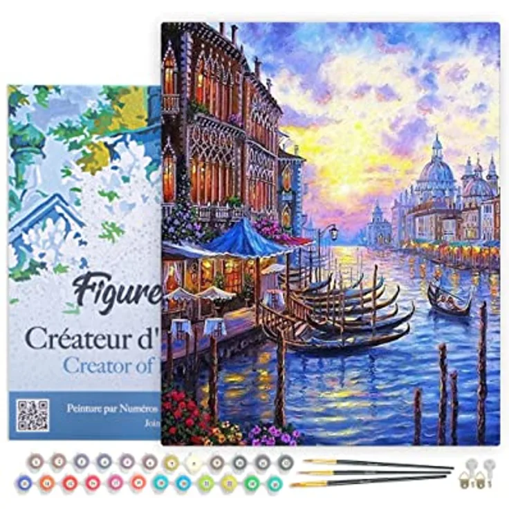 Figured'Art Malen Nach Zahlen Erwachsene Mit Rahmen Der Große Kanal in Venedig - Paint by Numbers Basteln DIY Bastelset 40x50cm Leinwand gespannt auf Holzrahmen