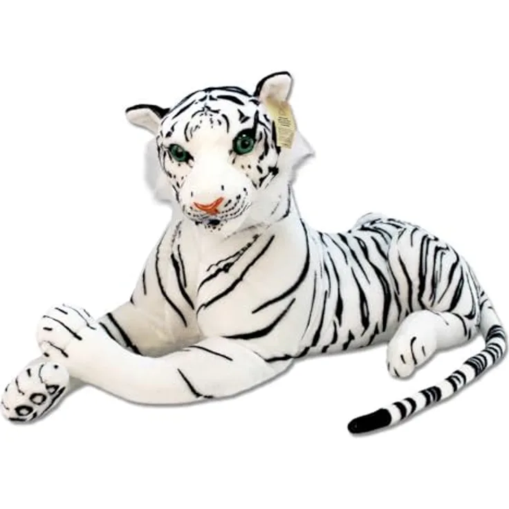 BEMIRO Tiger Kuscheltier XXL, Realistisches Design, Hochwertig Verarbeitet, Kuschelig Weich, Füllung aus Recycelten Plastikflaschen, Weiß