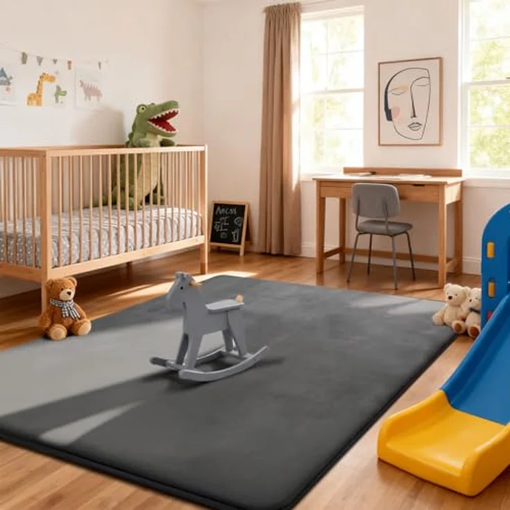 Tuocal Krabbelmatte Baby Spielmatte 150x180x3cm, Dunkelgrau, extra dicke Schaumstoffpolsterung, rutschfeste Unterseite, OEKO-TEX zertifiziert – Bild 2