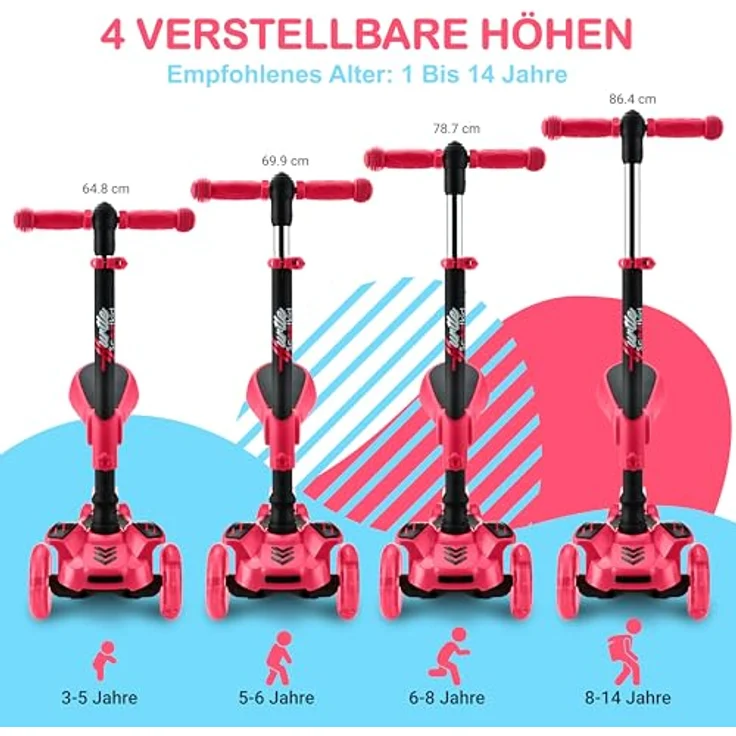 Hurtle ScootKid 3-Rad-Roller mit verstellbarem Lenker, rutschfester Plattform und blinkenden LED-Rädern für Kinder von 2-12 Jahren, abnehmbarer Klappsitz – Bild 5