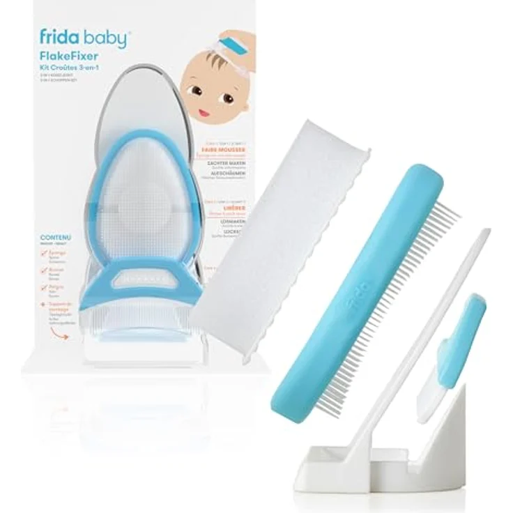 Frida Baby DermaFrida FlakeFixer System, 3-stufiges Pflegeset zur sanften Behandlung von Milchkrusten mit weichem Schaumstoffschwamm und Borstenbürste – Bild 1