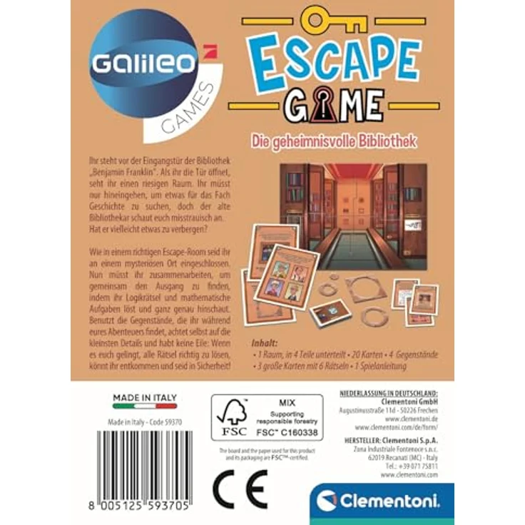 Clementoni Galileo Escape Game - Die geheimnisvolle Bibliothek - Escape Spiel für Kinder ab 8 Jahren - Gesellschaftsspiel & Familienspiel 59370, Lernspaß für Groß & Klein – Bild 3