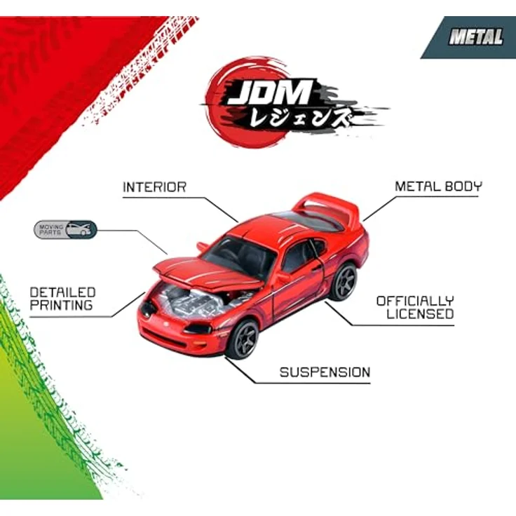 Majorette JDM Legends Giftpack, Set mit 5 Autos (Honda Civic TYPE R EK9, Nissan Cefiro A31, Nissan Skyline GT-R R34, Toyota Supra JZA80, Mitsubishi Lancer Evolution 9), Metall, Maßstab 1:64, 7,5 cm, Freilauf, dekorierte Box, offiziell lizenziert, für Kinder ab 3 Jahren – Bild 2