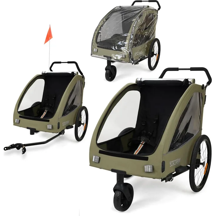 Besttoy 509 Trailer II Kinder-Fahrradanhänger, 3-in-1 Funktion mit Regenschutz, khaki