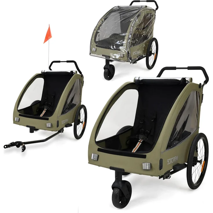 Besttoy 509 Trailer II Kinder-Fahrradanhänger, 3-in-1 Funktion mit Regenschutz, khaki