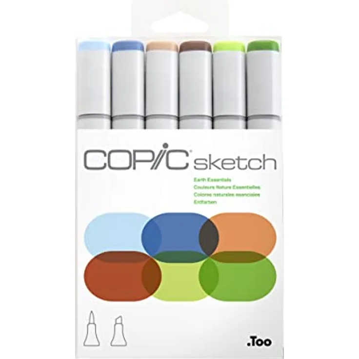 COPIC Sketch Marker Set "Earth Essentials" mit 6 Farben, professionelle alkoholbasierte Pinselmarker mit einer flexiblen und einer mittelbreiten Spitze