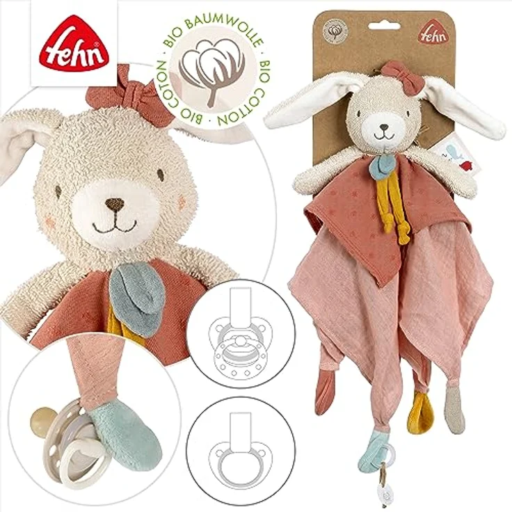 Fehn Schmusetuch Hase fehnNATUR - Spielkamerad & Stofftier-Schnuffeltuch mit Baumwolle aus kontrolliert biologischem Anbau (kbA) mit Schnuller-Befestigung - für Babys & Kleinkinder ab 0+ Monaten – Bild 4